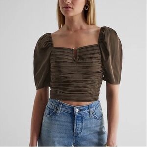 Express Satin V-Bar Puff Sleeve Ruched Pleated Top Olive Green Size L NWT